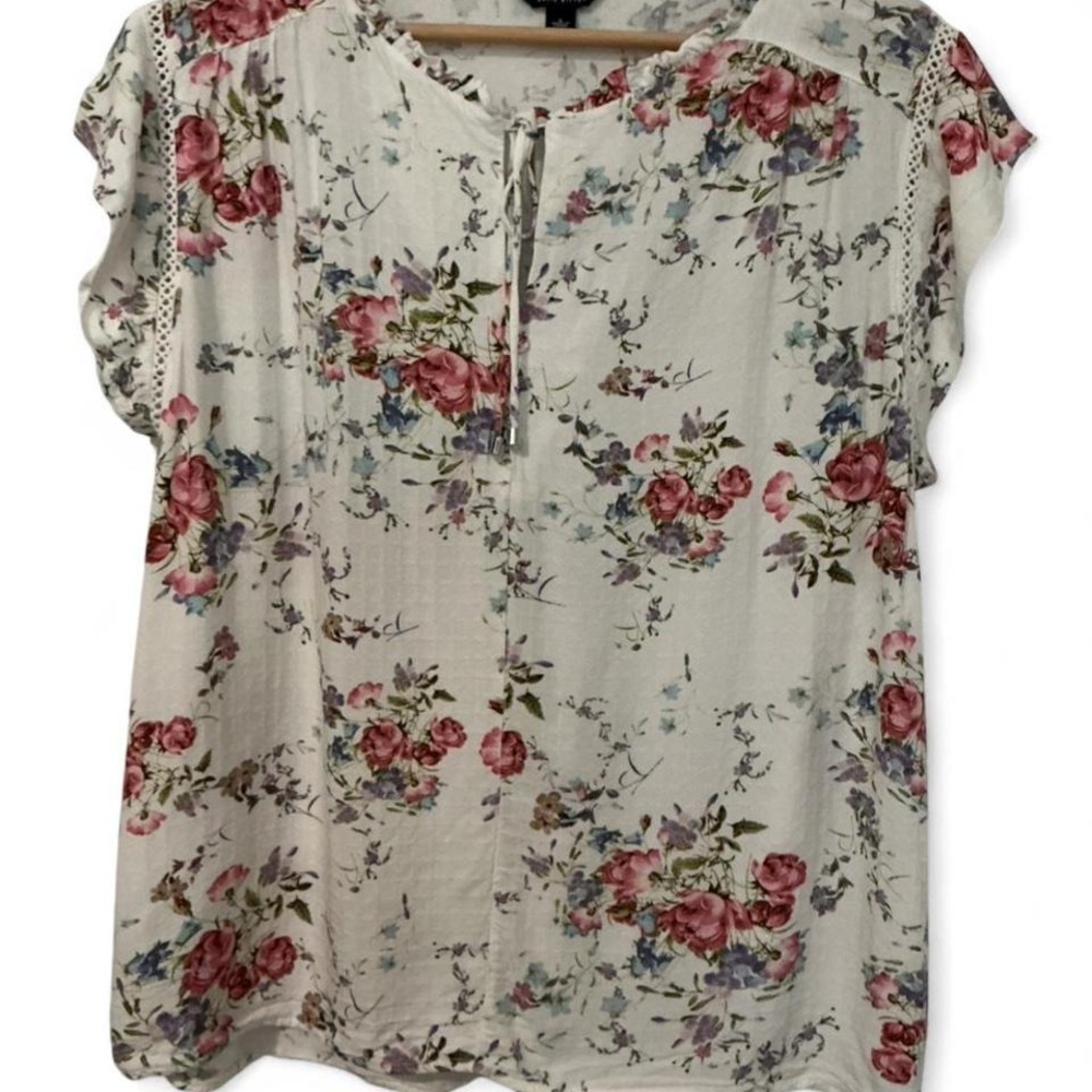 Buffalo David Bitton Blouse Women Large White Floral Excellent Boho Lace‎ Top